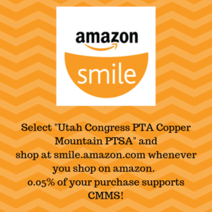 Amazon Smile Graphic - Select "Utah Congress PTA Copper Mountain PTSA" and shop at smile.amazon.com so that 0.05% of your purchases support CMMS!